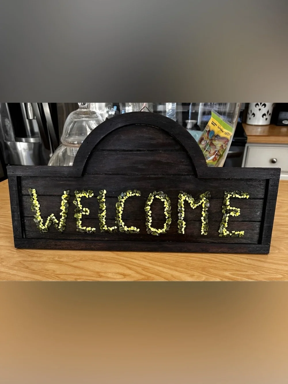 Hand crafted Welcome Wall Sign — Dark Wood with Green Accents